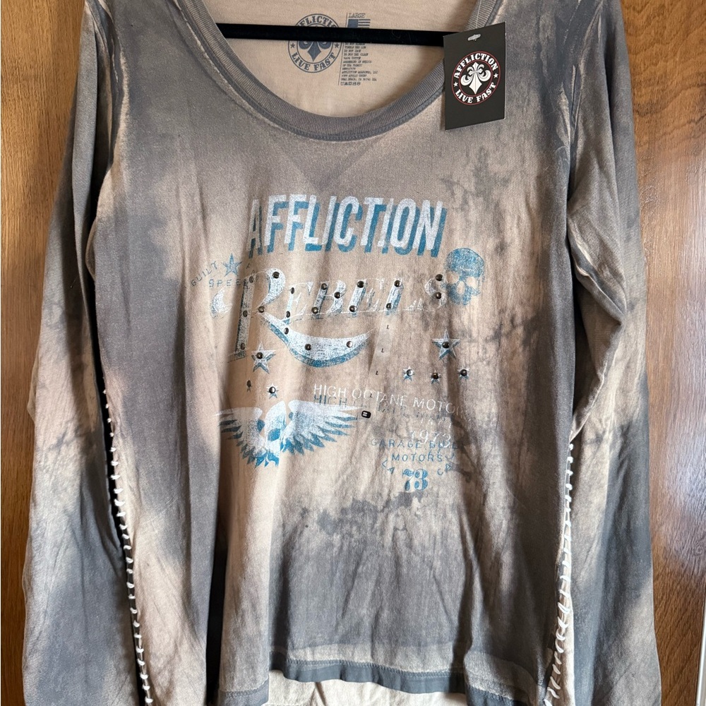 Affliction Women's Graphic Long Sleeve Top - washed Browns. New w/ tags. Size L